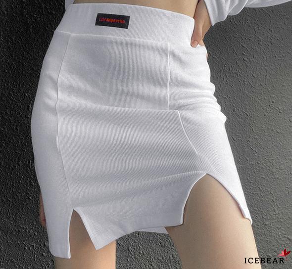 ICE-Women Summer Miniskirt, Letters Print Ribbed High-Waist Slim Short Skirt with Slits for Girls | BigBuy360 - bigbuy360.vn