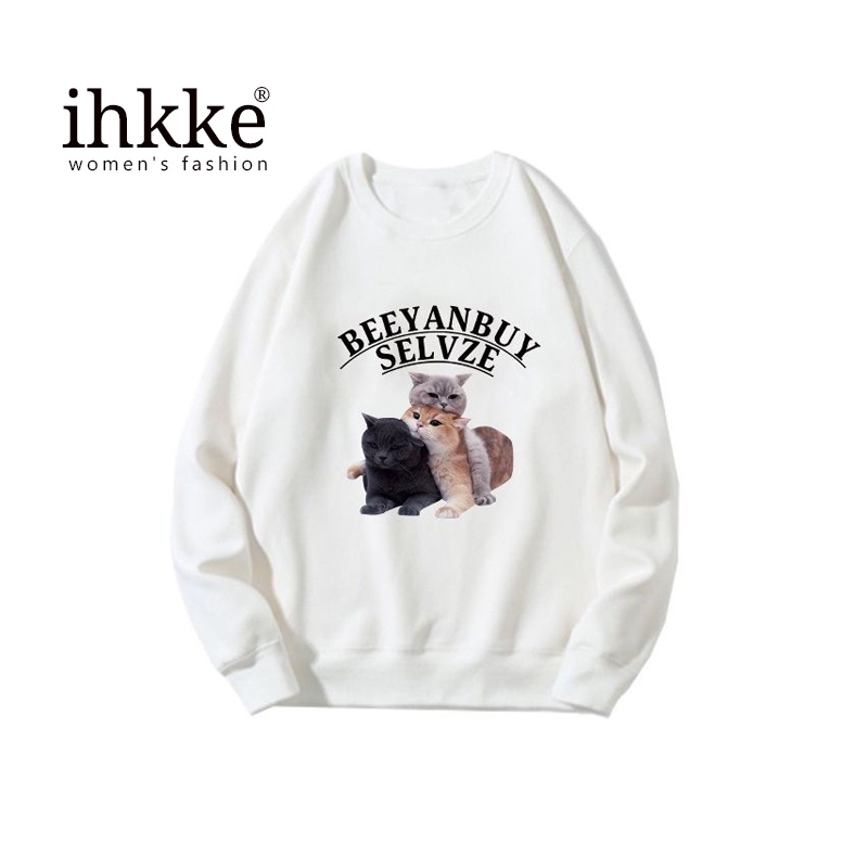 Áo sweater ihkke dáng rộng cổ tròn màu đen dễ thương thời trang unisex