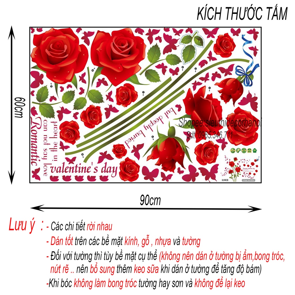 Decal dán tường phòng ngủ HOA HỒNG ĐỨNG SK9195A. Đề can dán tường Hàn quốc kích thước 60x90cm