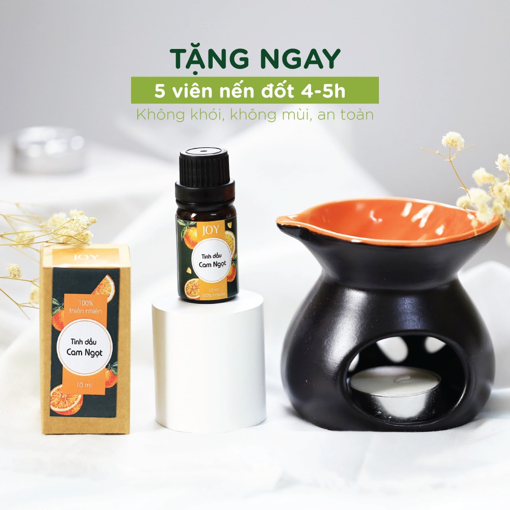 1 Tinh Dầu Thiên Nhiên Joy 10ml + 1 Đèn Đốt Nến Xông Tinh Dầu + 5 Viên Nến Cọ 4h