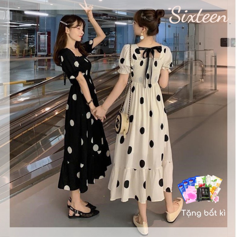 [Mã FAGREEN1505 giảm tới 30K đơn 99K] Đầm Nữ, Váy Nữ, Váy Chấm Bi Cổ Vuông Dáng Dài Điệu Đà Nữ Tính SIXTEEN.