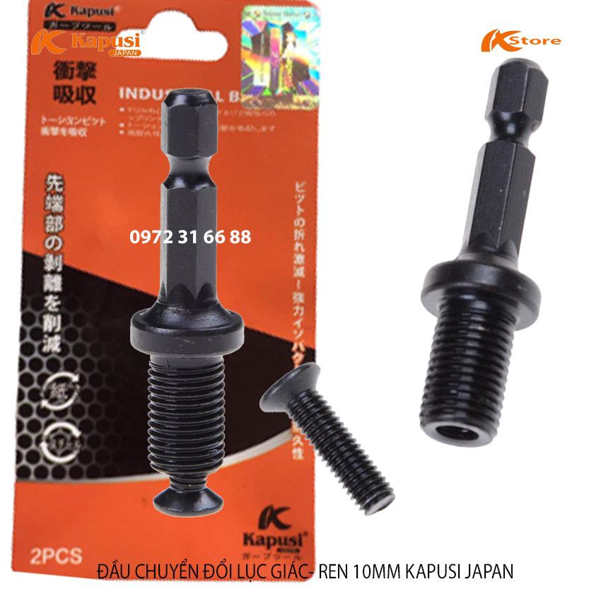 BỘ 02 ĐẦU CHUYỂN LỤC GIÁC SANG ĐẦU KẸP MŨI KHOAN REN 10MM ( 9.5MM) CHUÔI LỤC GIÁC 6.35MM KAPUSI JAPAN