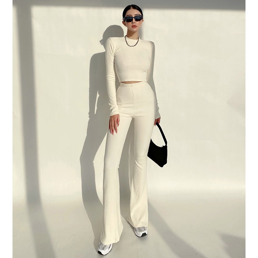 Bộ Đồ Thể Thao Áo Thun Tay Dài + Quần Dài Lưng Cao Ống Loe Thời Trang Cho Nữ