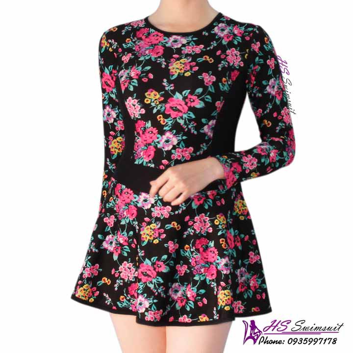 Đồ bơi nữ kín đáo liền mảnh váy dài tay hoa 056