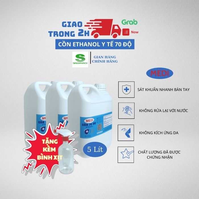 dung dịch y tế Ethanol rửa tay diệt khuẩn 70 độ 90 độ Medi 5 lít sát khuẩn hằng ngày  - tặng kèm bình xịt