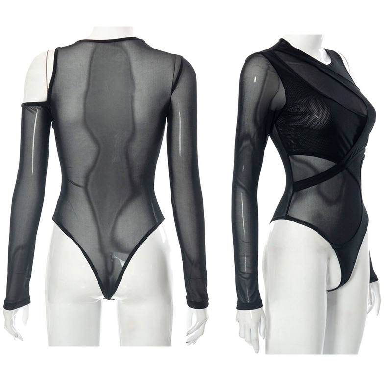 WIT Nữ Sheer Mesh Bodysuit Không Đều Rỗng Ra Dài Tay Bodycon Rompers