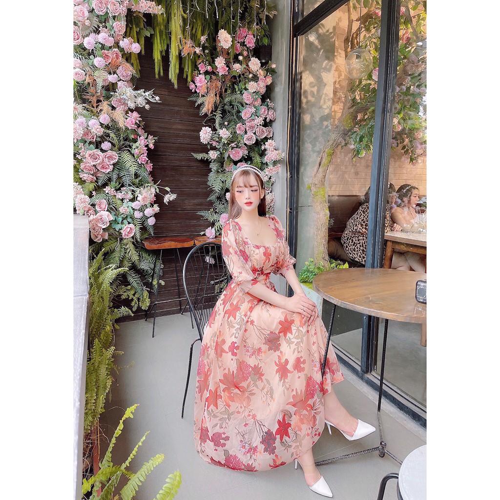 Đầm Maxi Hoa Tơ Cổ Vuông Tay Lỡ Dành Cho Nàng Đi Chơi, Đi Biển - 3 Màu Xanh, Vàng, Nâu - ẢNH THẬT | BigBuy360 - bigbuy360.vn