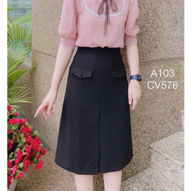 Chân Váy Dáng Dài Chữ A Xếp Li Trước, Chân Váy Công Sở Cách Điệu 1 Li 2 Nắp 2 cúc ốp d68cm