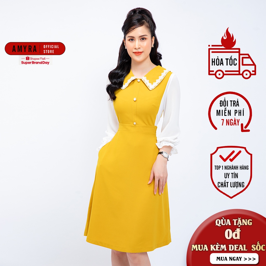 Đầm nữ công sở tay phối voan cổ bèo dự tiệc đính nút trước ngực có túi AMYRA Da144