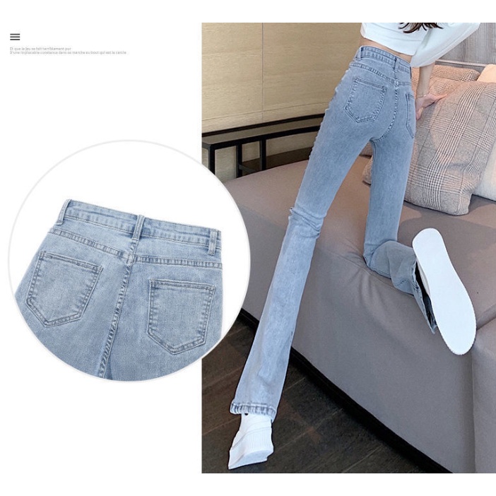 Jiashucheng Quần Jean Dài Lưng Cao Ống Loe Xẻ Tà Phong Cách Xuân Thu Mới Cho Nữ