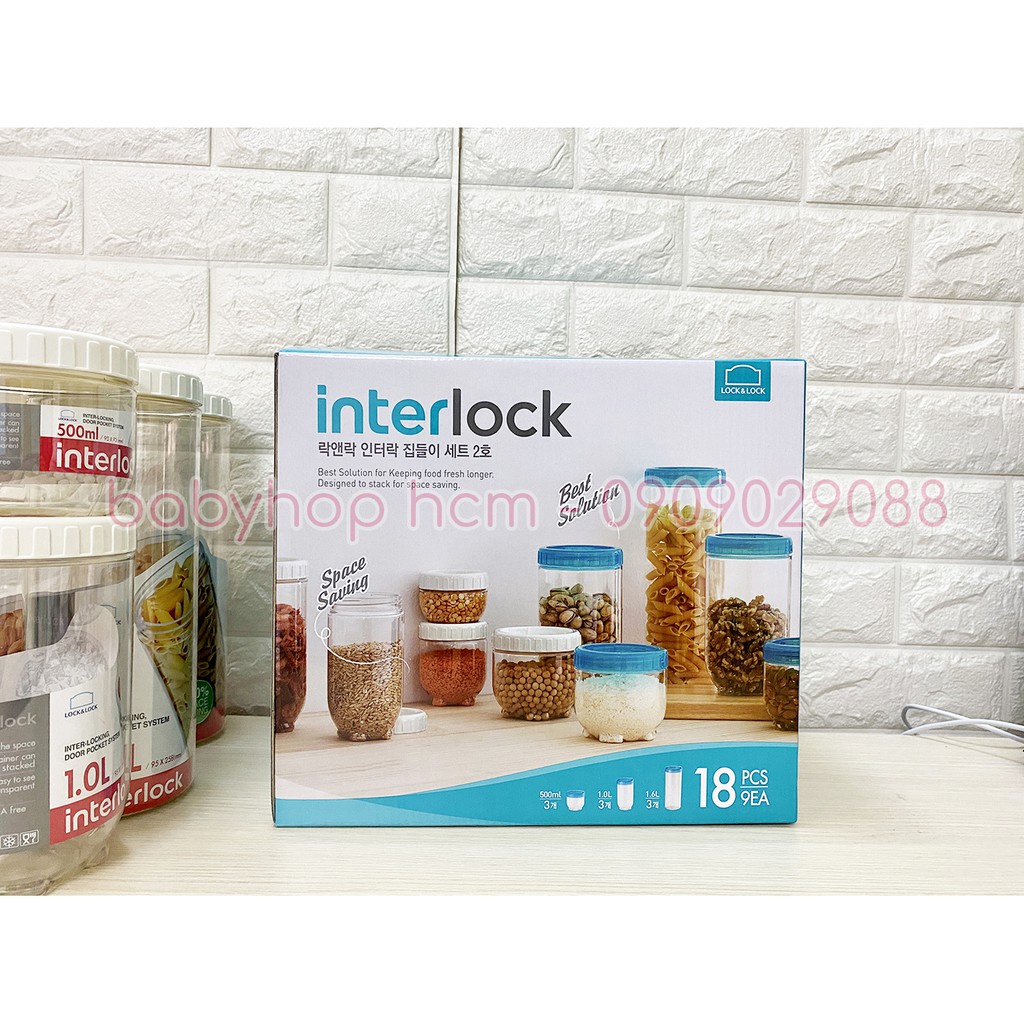 Bộ 9 hộp bảo quản Lock&Lock Interlock INL302S9 0.5L-1L-1.6L Nắp Trắng - BABYHOPSG