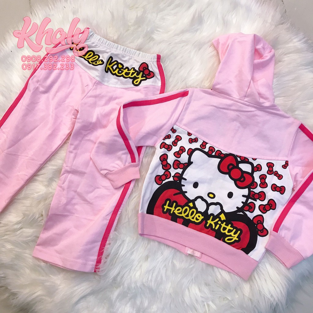 Sale Set đồ bộ trẻ em hình mèo Hello Kitty nhiều nơ đỏ màu hồng phấn cho bé gái 2 tuổi - DBKT2T