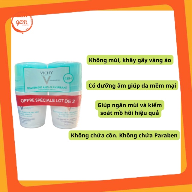 Lăn Khử Mùi Vichy Traitement Anti - Transpirant 48H 50ml Dành Cho Người Nặng Mùi, Nhiều Mồ Hôi - Gem Official Store