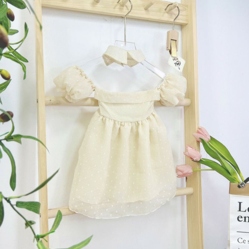 Đầm công chúa hạt gạo trễ vai cho bé gái