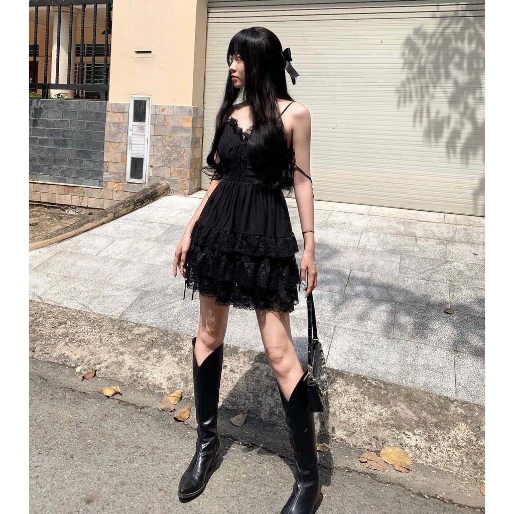 Đầm 4 Dây Phối Ren Xoè 3 Tầng BLACK, Đầm Váy Thiết Kế Màu Đen Dự Tiệc KC1378