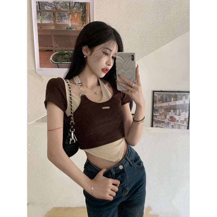 Áo Thun Ngắn Tay Cổ Yếm Phong Cách Mới Mùa Hè Cho Nữ