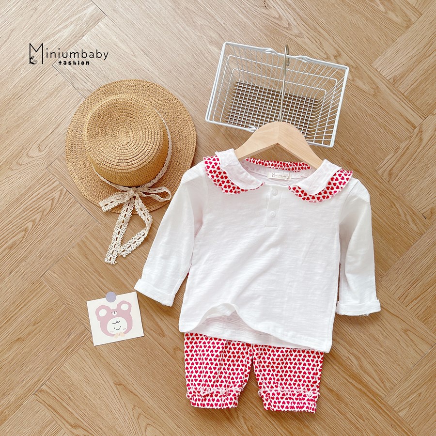 Bộ đồ dài/ cộc tay quần dài thu đông cho bé gái cổ bèo chất liệu 100% cotton, set quần áo trẻ em MiniumBaby-SB1302