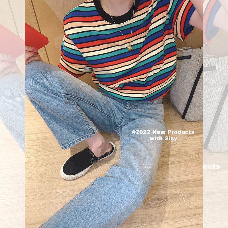 Áo Thun Tay Ngắn Cổ Tròn Dáng Rộng Họa Tiết Kẻ Sọc Nhiều Màu Sắc Phong Cách Hàn Quốc Thời Trang Mùa Hè Cho Nữ
