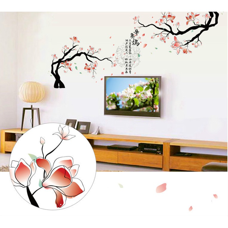 Decal trang trí tường - 2 Cành hoa hồng trắng nhạt hữu tình sắc màu