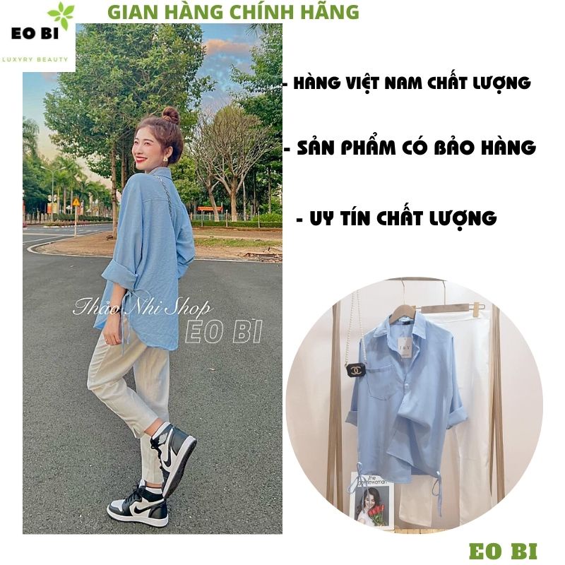 Set Áo sơ mi nữ xanh ngọc rút eo  kèm quần tây vải ống suông mầu trắng cực xinh thanh lịch ulzzang -EOBI | BigBuy360 - bigbuy360.vn