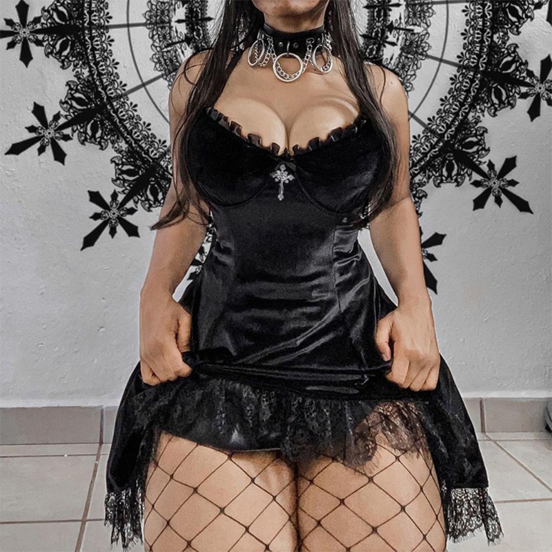 Đầm Nhung Mini Không Tay Phối Ren Phong Cách Gothic Punk Quyến Rũ Cho Nữ