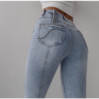 Thêm Mỏng Hơn Nhìn Phong Cách Châu Âu Mỹ Thiết Kế Màu Sắc Nhẹ Quần Eo Cao Quần Jean Co Giãn Đẹp Mông Ôm Vừa vặn Quần Ôm Quần Skinny Quần Bút Chì Mỹ Retro Thời Trang Đau Khổ Mông Đào