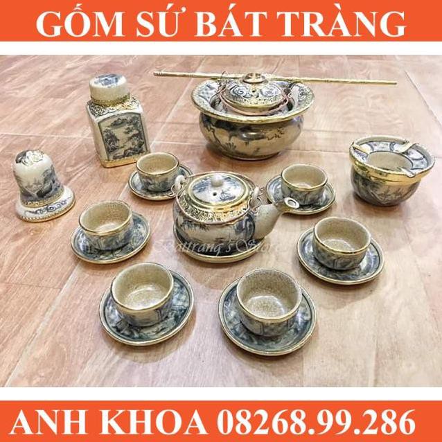 Ấm chén men rạn bọc đồng dáng Nhật đầy đủ - Gốm sứ Bát Tràng Anh Khoa