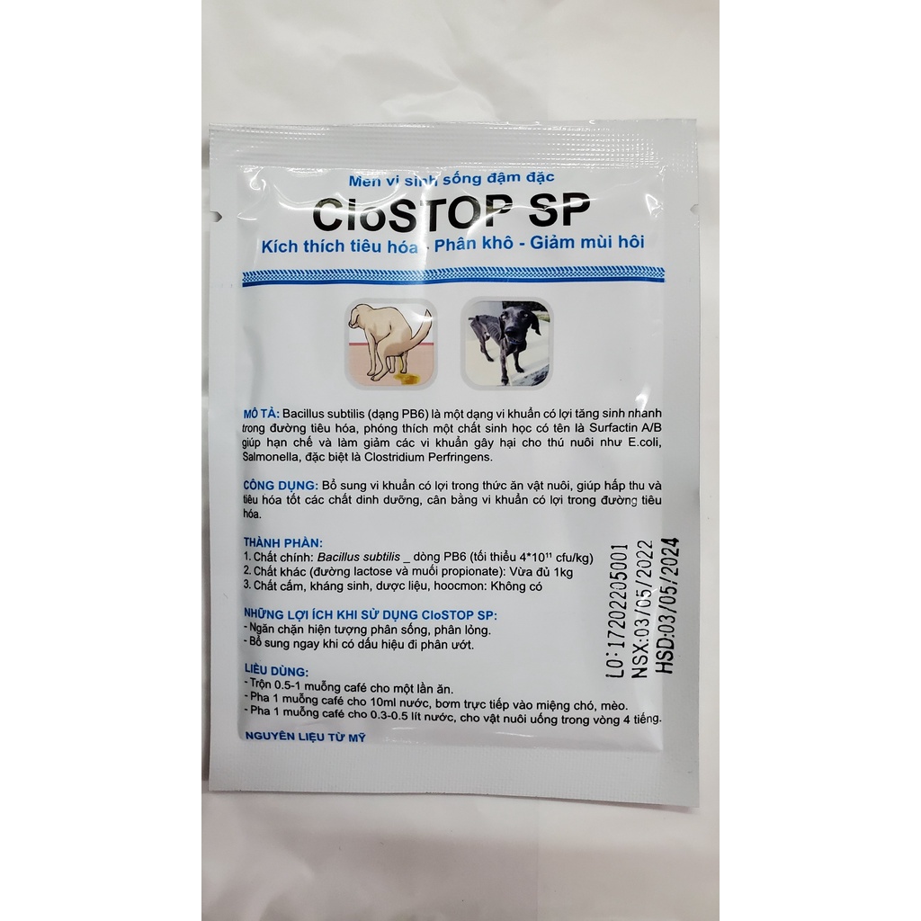 Men sinh học cầm ngay tiêu chảy ói mửa cho chó mèo - Clostop 20g