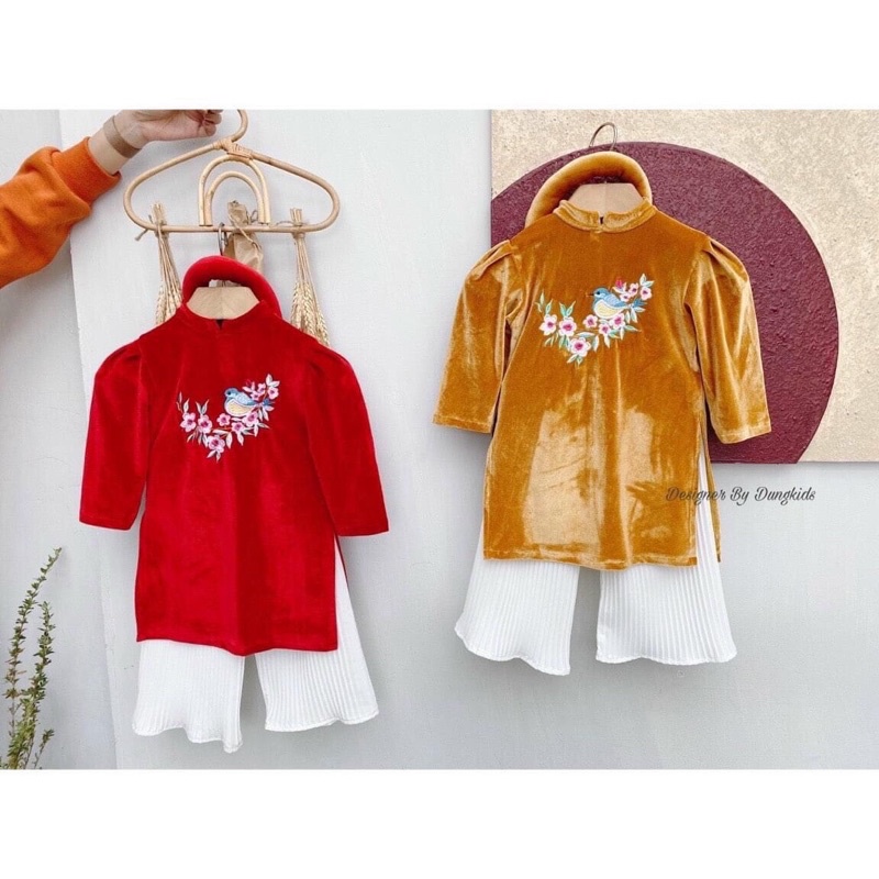 Sét bộ áo dài thêu hoa cho bé 9-20kg