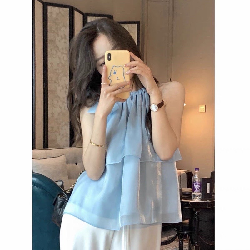Set Bộ Áo Yếm Tơ 2 Tầng Hồng Và Xanh Kèm Quần Dài Dáng Suông Có Ảnh Thật Kèm Video
