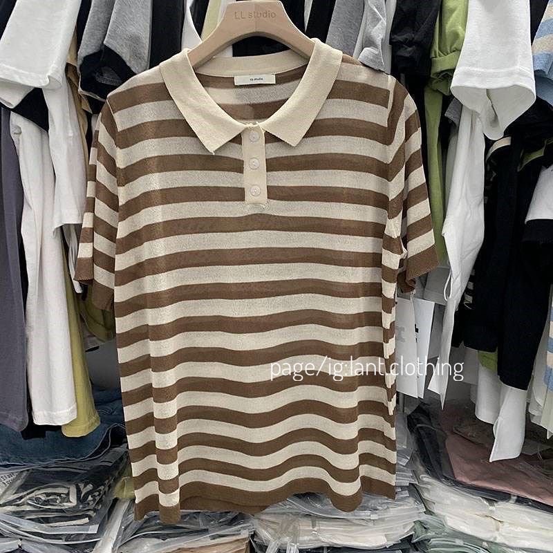 Áo polo len montogi kẻ mỏng