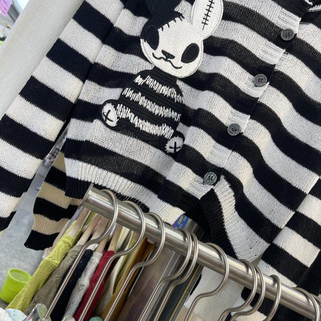 Áo Cardigan Dệt Kim Tay Dài Kẻ Sọc Thêu Hình Thỏ Phong Cách Hàn Quốc Thời Trang Mùa Thu Cho Nữ