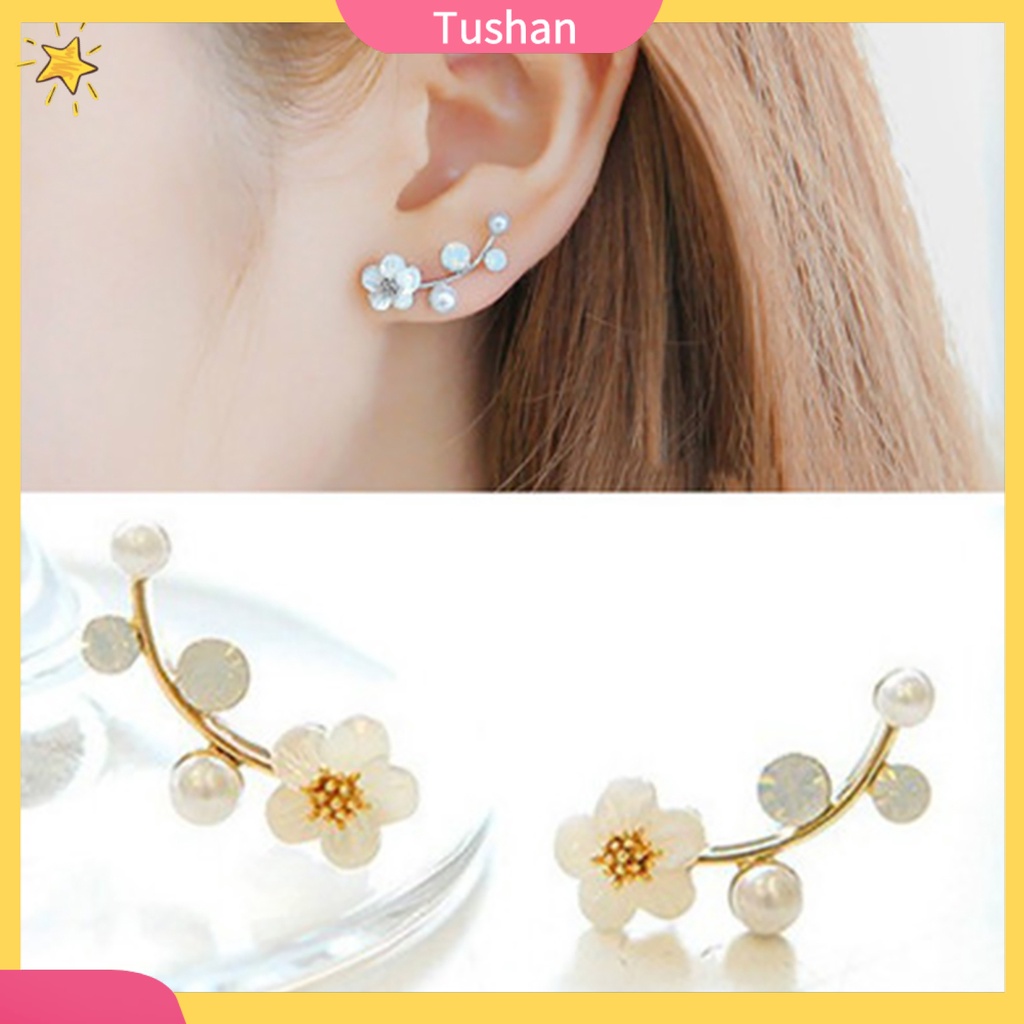 Cặp khuyên tai hình hoa đính đá và ngọc trai giả trang nhã cho nữ