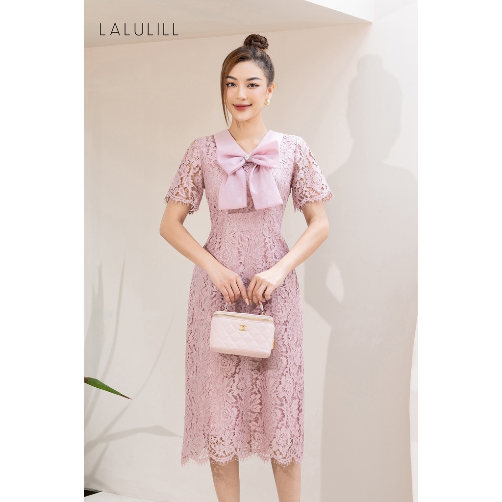Đầm ren dáng A cổ cách điệu phối nơ Thời trang LALULILL có lót trong dày dặn LDL225890