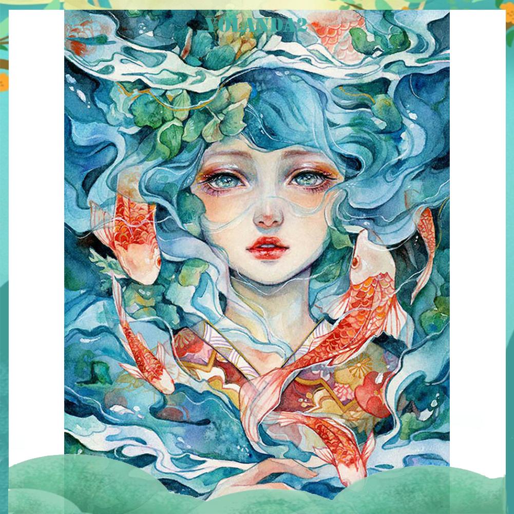 Bộ Tranh Đính Đá 5D DIY Hình Cô Gái Cá Koi Dùng Trang Trí Tường