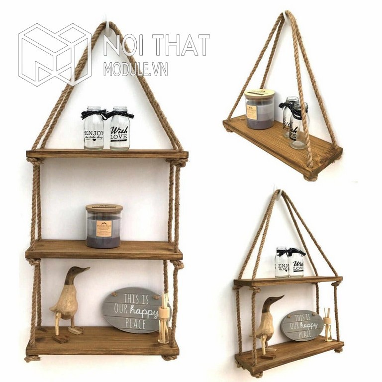 Kệ Gỗ Decor Treo Tường Dây Thừng Loại 2 Tầng