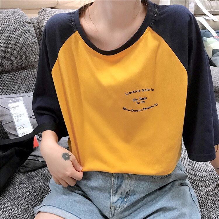 Áo thun nữ tay lỡ freesize phông form rộng dáng Unisex, mặc lớp, nhóm, cặp PHỐI TAY THÂN VÀNG in chữ PARIS 1996 | BigBuy360 - bigbuy360.vn