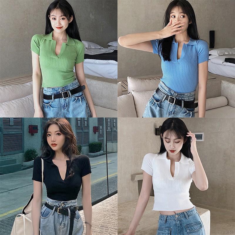 Áo lửng dệt kim tay ngắn cổ lật màu trơn thời trang mua thanh lịch dành cho nữ