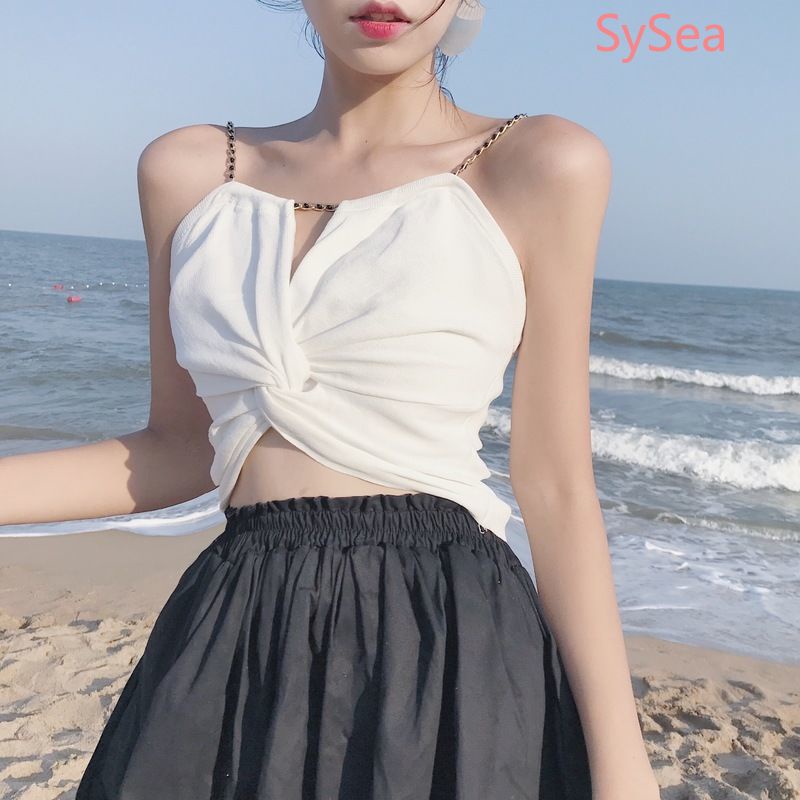 Áo dây họa tiết xếp ly phối dây xích thời trang mùa hè quyến rũ cho nữ