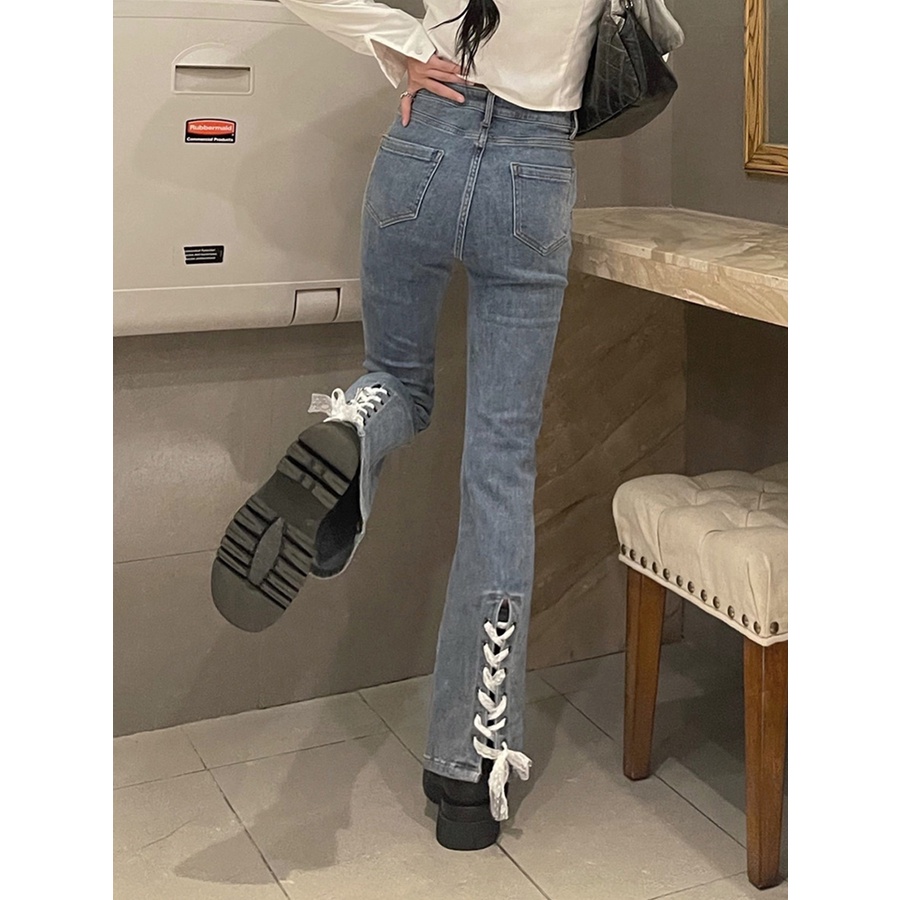 Quần jeans Nữ Lưng Cao Ống Loe Đan Dây Quyến Rũ