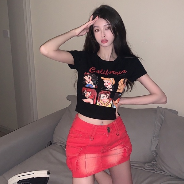 Áo thun croptop ZHELIHANGFEI tay ngắn in họa tiết hoạt hình xinh xắn dành cho nữ