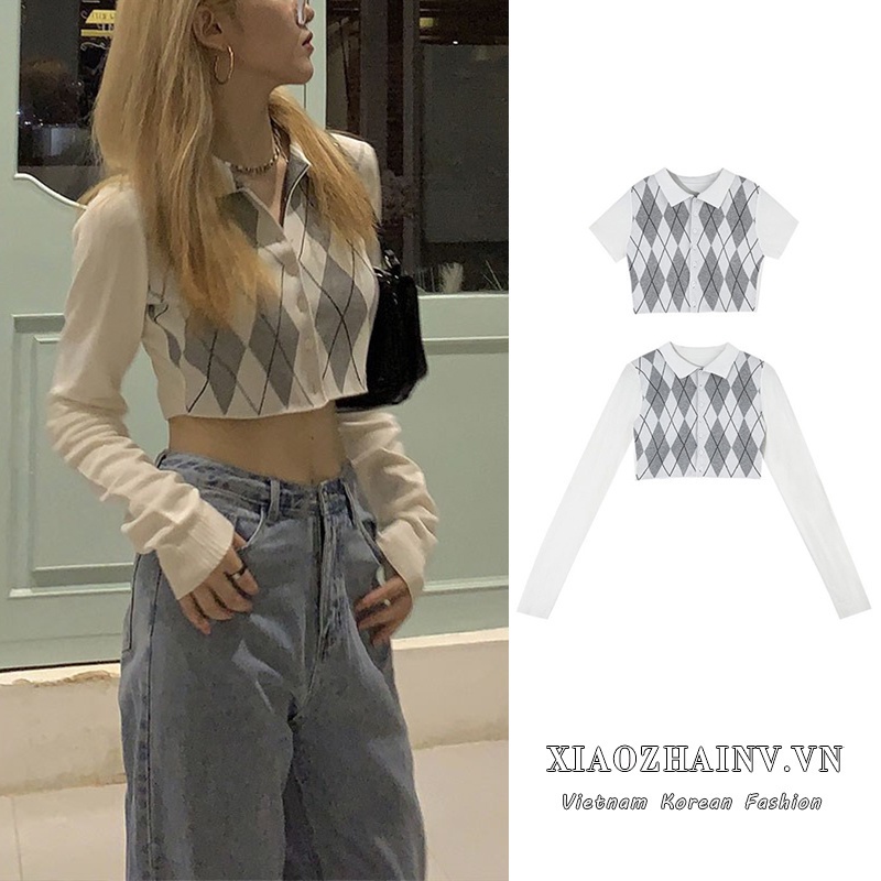 Xiaozhainv Áo croptop dệt kim dáng ôm dài tay họa tiết kẻ sọc phong cách Hàn Quốc thời trang