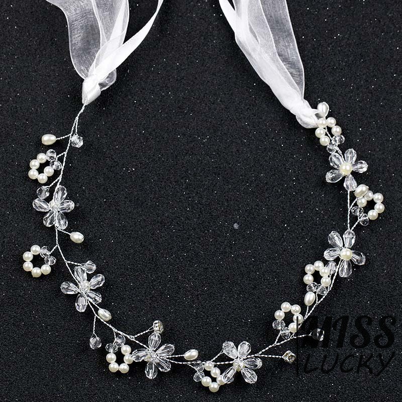 Băng đô cài tóc hoa đính đá ngọc trai buộc dây ruy băng dễ thương ngọt ngào dành cho nữ