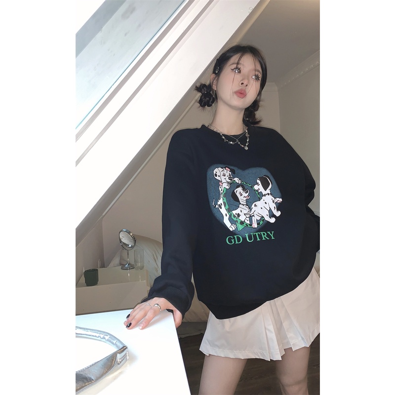 Áo Nỉ Dài Tay Cổ Tròn Form Rộng In Hình Cún Phong Cách Retro