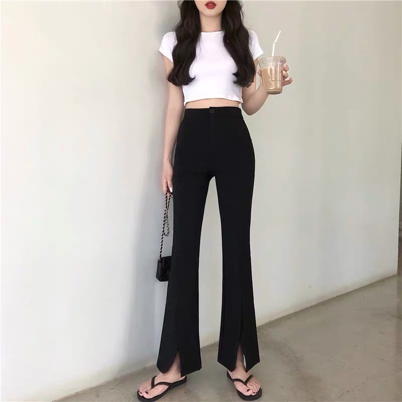 Quần ống loe xẻ gấu trước cạp cao dáng dài màu đen - Quần tây ống loe lưng cao xẻ tà ống vẩy cá đính điệu công sở