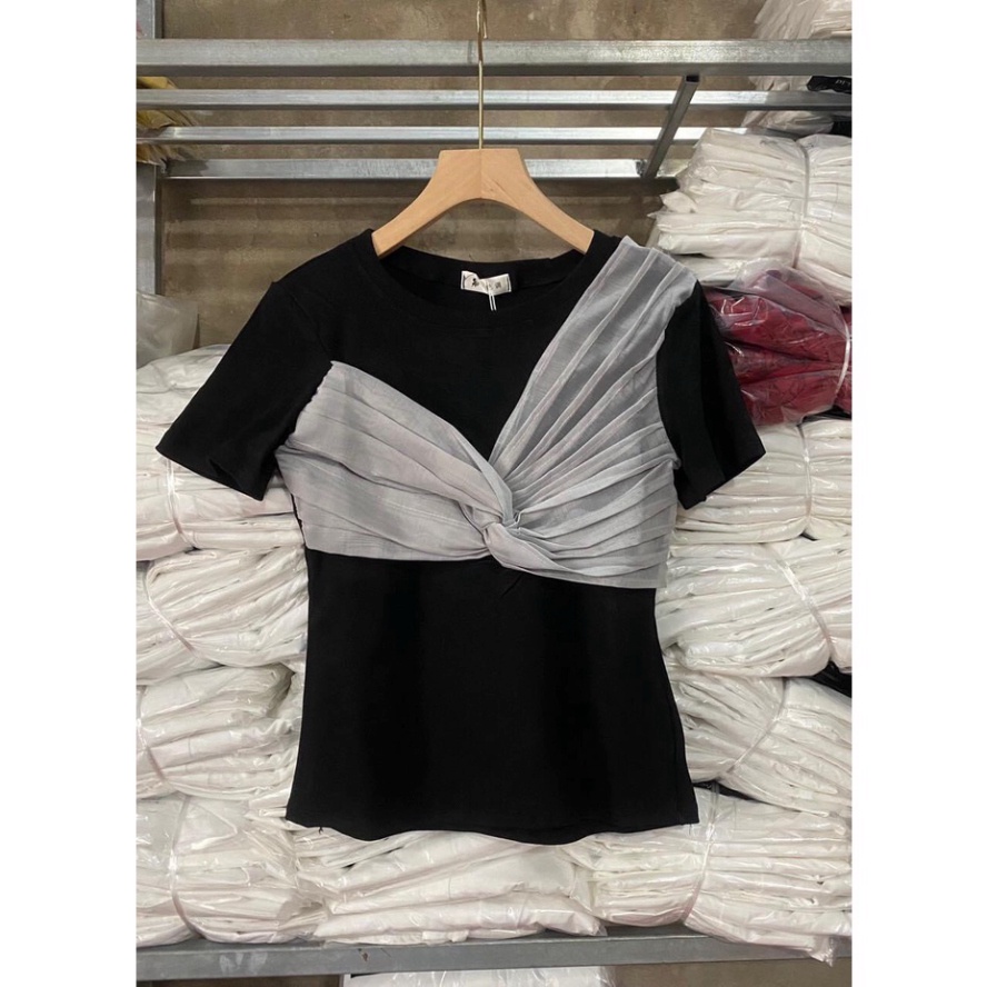 Áo thun nữ kiểu xoắn nơ ngực dáng ôm, t shirt kiểu cổ tròn ngắn tay nội y xanh chất đẹp giá tốt