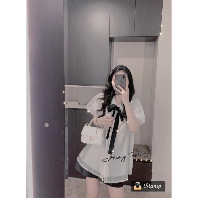 Áo babydoll voan cổ bèo viền ren thắt nơ dáng xòe - Áo váy babydoll voan giấu quần tay bồng
