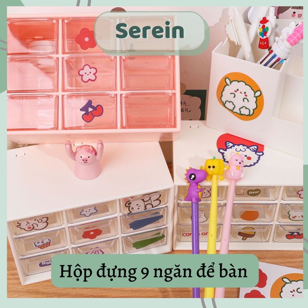 Hộp nhựa đa năng 9 ngăn đựng đồ siêu xinh SEREIN,  tủ đựng đồ mini để bàn trong suốt tiện lợi phong cách Hàn Quốc