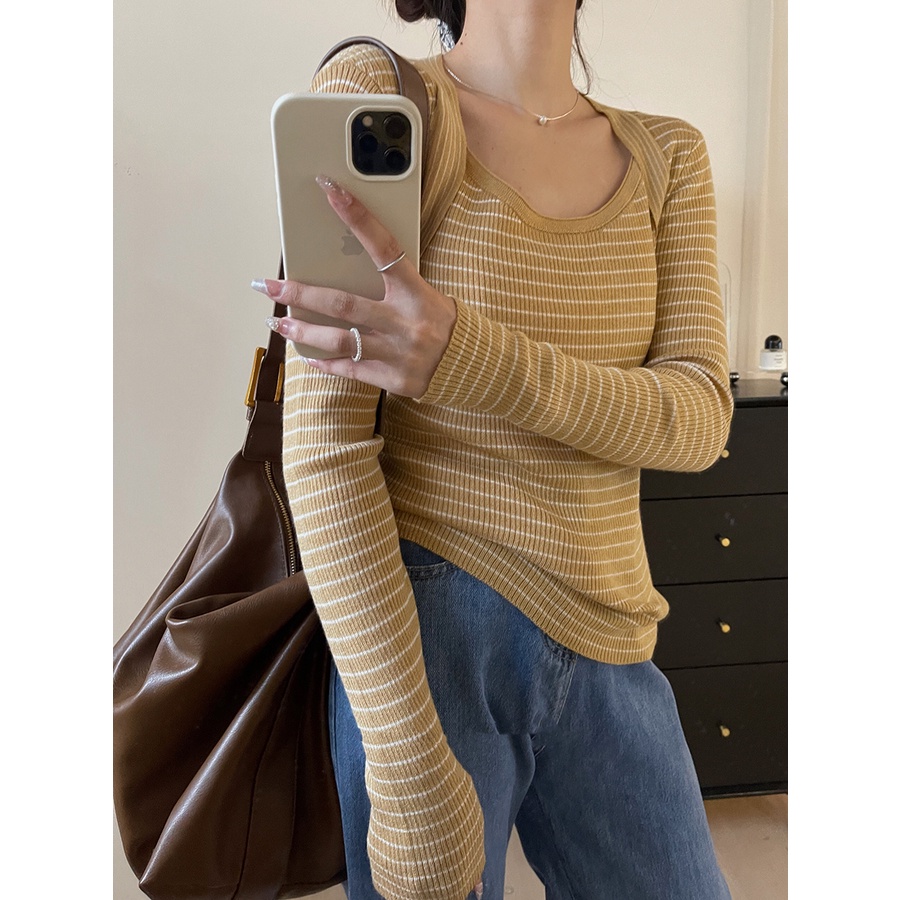 SUXI Áo Sweater Dệt Kim Tay Dài Dáng Ôm Kẻ Sọc Kiểu Vintage Thời Trang Mùa Thu Cho Nữ