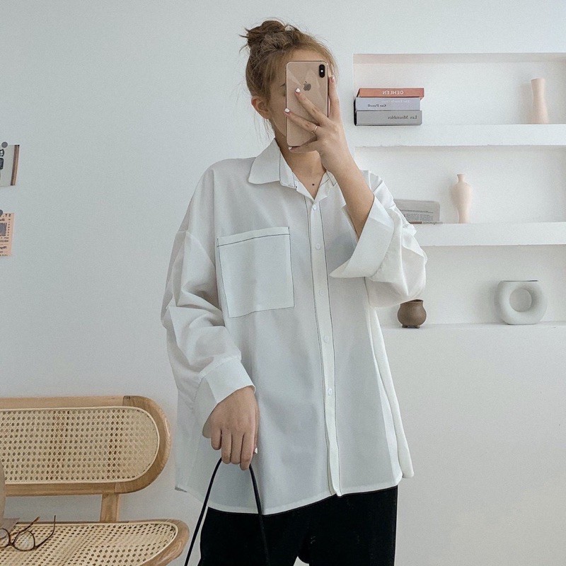 [Mã 11FASHIONSALE1 giảm 10K đơn 50K] Áo Sơ Mi Chỉ Nổi Nữ- Dáng Rộng Oversize, Sơ Mi Công Sở Túi Vuông Chất Lụa 2 Màu | BigBuy360 - bigbuy360.vn